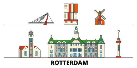 Netherlands, Rotterdam flat landmarks vector illustration. Netherlands, Rotterdam line city with famous travel sights, design skyline. 