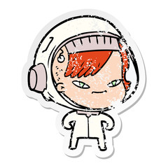 distressed sticker of a cartoon astronaut woman