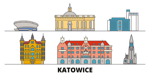 Poland, Katowice flat landmarks vector illustration. Poland, Katowice line city with famous travel sights, design skyline. 