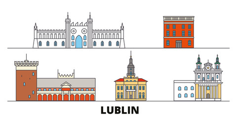 Poland, Lublin flat landmarks vector illustration. Poland, Lublin line city with famous travel sights, design skyline. 