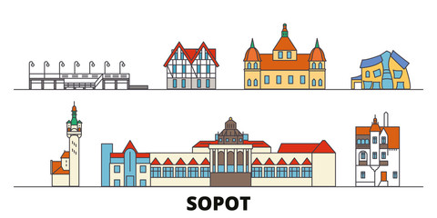 Poland, Sopot flat landmarks vector illustration. Poland, Sopot line city with famous travel sights, design skyline.  - obrazy, fototapety, plakaty