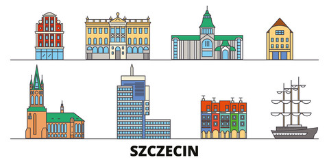 Poland, Szczecin flat landmarks vector illustration. Poland, Szczecin line city with famous travel sights, design skyline.  - obrazy, fototapety, plakaty