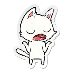 distressed sticker of a talking cat shrugging shoulders