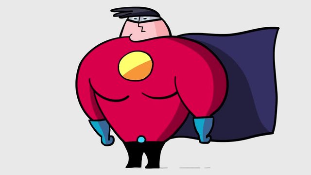 Cartoon businessman transforms to hero. Office employee becomes a strong character. He feels the power. He is very proud of himself. Everyone can be a hero. He can make money very well.