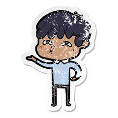 distressed sticker of a cartoon curious man