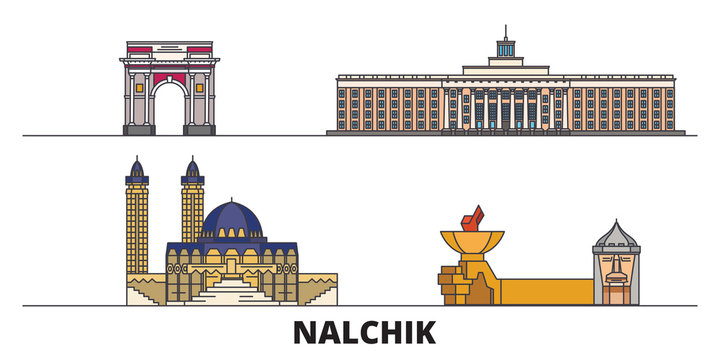 Russia, Nalchik flat landmarks vector illustration. Russia, Nalchik line city with famous travel sights, design skyline. 