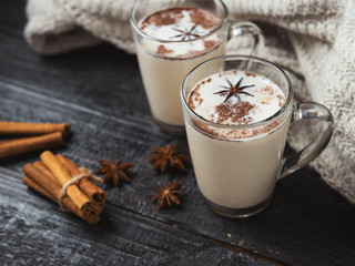 homemade masala tea on wooden background