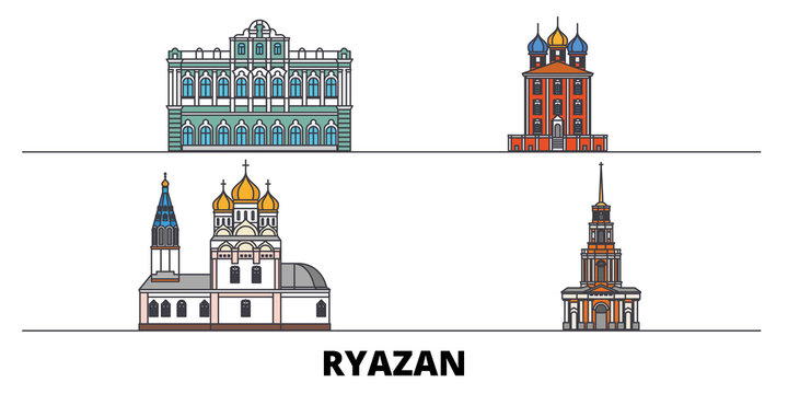 Russia, Ryazan flat landmarks vector illustration. Russia, Ryazan line city with famous travel sights, design skyline. 