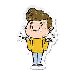 sticker of a happy cartoon man shrugging