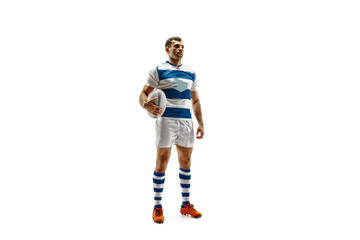 The silhouette of one caucasian rugby man player isolated on white background. Studio shot of fit man in motion or movement with ball. Jump and action concept. An incredible strain of all forces.