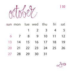 Calendar template set for 2019 year in one file. Business organizer design element for print or applications. Regular intervals.