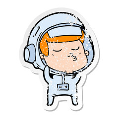 distressed sticker of a cartoon confident astronaut