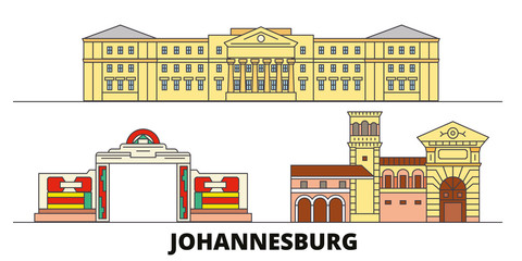 Naklejka premium Republika Południowej Afryki, ilustracji wektorowych płaskie zabytki Johannesburga. RPA, miasto w Johannesburgu ze słynnymi atrakcjami turystycznymi, designerską panoramą.