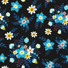 Folk floral seamless pattern in trendy modern style with different colorful flowers, branches and berries on a dark background. 