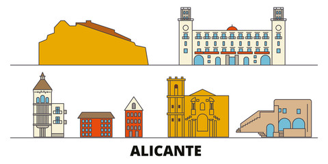 Spain, Alicante flat landmarks vector illustration. Spain, Alicante line city with famous travel sights, design skyline. 