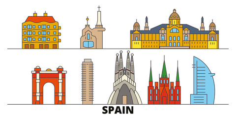 Spain, Barcelona flat landmarks vector illustration. Spain, Barcelona line city with famous travel sights, design skyline. 