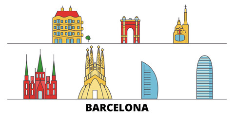 Spain, Barcelona City flat landmarks vector illustration. Spain, Barcelona City line city with famous travel sights, design skyline. 