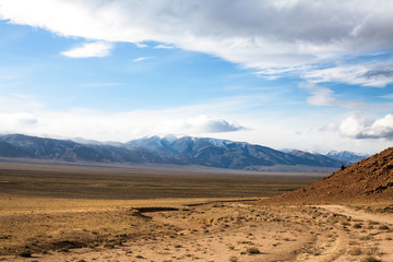 Landscape of the Western Mongolian steppe in the foothills.