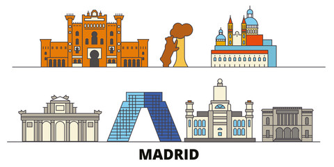 Spain, Madrid flat landmarks vector illustration. Spain, Madrid line city with famous travel sights, design skyline. 
