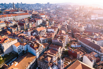 Obraz premium Aerial panoramic view of roofs houses in center of Porto, Portugal.