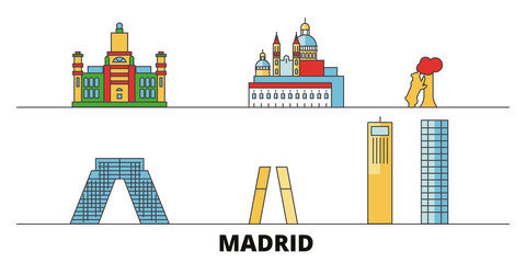 Spain, Madrid City flat landmarks vector illustration. Spain, Madrid City line city with famous travel sights, design skyline. 