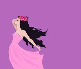 Dreamy girl in a wreath of roses