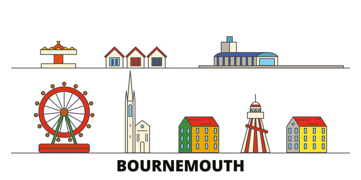 United Kingdom, Bournemouth flat landmarks vector illustration. United Kingdom, Bournemouth line city with famous travel sights, design skyline. 