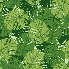 Vector seamless pattern with tropical leaves. Green background with palm monstera branch.