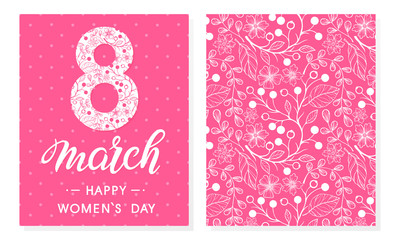 Women`s Day creative cards with flowers and floral elements.Seasons greetings cards perfect for prints,flyers,posters,holiday invitations,promotions,special offers and more.Vector 8 march cards.