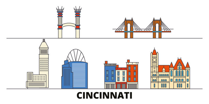 United States, Cincinnati Flat Landmarks Vector Illustration. United States, Cincinnati Line City With Famous Travel Sights, Design Skyline. 