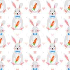 Easter seamless pattern.Cute funny bunny with carrot,dots and hearts.Easter holiday decorative background perfect for prints,flyers,banners,holiday invitations and more.