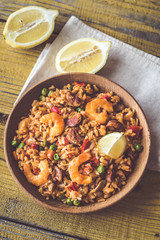 Bowl of chicken and chorizo paella