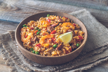 Bowl of chicken and chorizo paella