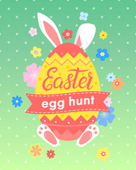 Easter typography.Hand drawn lettering with colorful egg,different flowers and cute bunny ears and foots. Seasons greetings card perfect for prints, flyers,banners,holiday invitations and more.