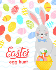 Easter typography.Hand drawn lettering with colorful eggs, cute funny bunny with easter basket. Seasons greetings card perfect for prints, flyers,banners,holiday invitations and more.