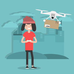 Drone delivery service. Young character controlling a drone with a remote controller.Flat cartoon designClip art