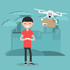 Drone delivery service. Young character controlling a drone with a remote controller.Flat cartoon designClip art