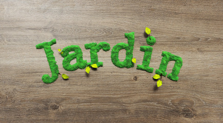Titre Jardin écrit en herbe sur fond bois