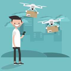 Drone delivery service. Young character using the app to receive the parcel.Flat cartoon designClip art