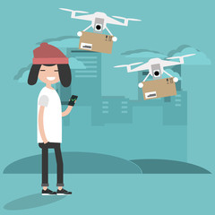 Drone delivery service. Young character using the app to receive the parcel.Flat cartoon designClip art