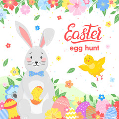 Easter typography.Hand drawn lettering with colorful eggs, flowers, cute funny bunny and little chick. Seasons greetings card perfect for prints, flyers,banners,holiday invitations and more.