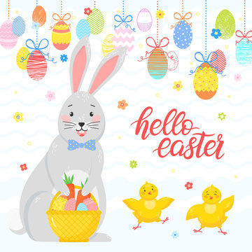 Easter typography.Happy Easter - hand drawn lettering with cute little chick,colorful eggs and flowers. Seasons greetings card perfect for prints, flyers,banners,holiday invitations and more.