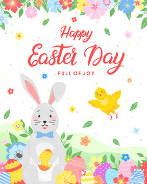 Easter typography.Hand drawn lettering with colorful eggs, flowers, cute funny bunny and little chick. Seasons greetings card perfect for prints, flyers,banners,holiday invitations and more.
