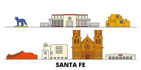 Fototapeta premium Stany Zjednoczone, ilustracja wektorowa płaskie zabytki Santa Fe. Stany Zjednoczone, miasto linii Santa Fe ze słynnymi atrakcjami turystycznymi, designerską panoramą.