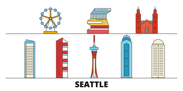 United States, Seattle flat landmarks vector illustration. United States, Seattle line city with famous travel sights, design skyline. 
