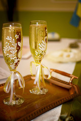 Champagne glasses on a tray for a wedding ceremony