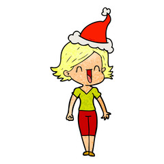 textured cartoon of a happy woman wearing santa hat