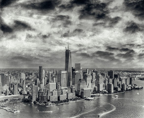 Amazing aerial view of New York City. Downtown Manhattan skyline from helicopter on a sunny afternoon