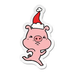 sticker cartoon of a annoyed pig running wearing santa hat