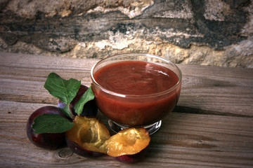 Home made plum jam with fruit plum. A healthy, simple and tasty lunch on the farm.